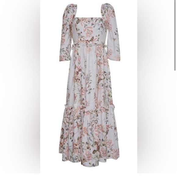 NWT Cara Cara Blue Hill Dress in Trellis Floral Ivory Tiered Linen Dress 4 Four - Picture 2 of 16